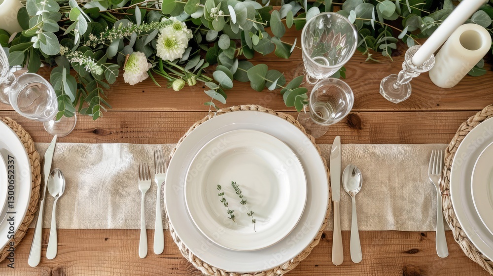 Elegant dining setup with white plates and cutlery, adorned with greenery and flowers on a rustic wooden table