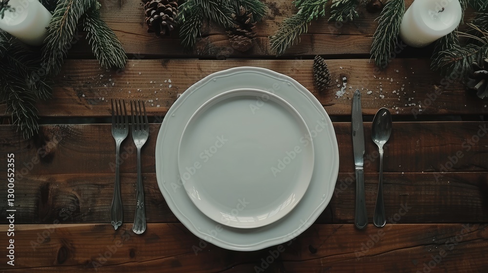 Elegant dining setup with a white plate and silver cutlery surrounded by pinecones and candles on a wooden table