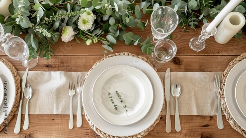 Elegant dining setup with white plates and cutlery, adorned with greenery and flowers on a rustic wooden table