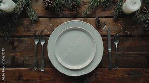 Obraz na płótnie Elegant dining setup with a white plate and silver cutlery surrounded by pinecones and candles on a wooden table w salonie