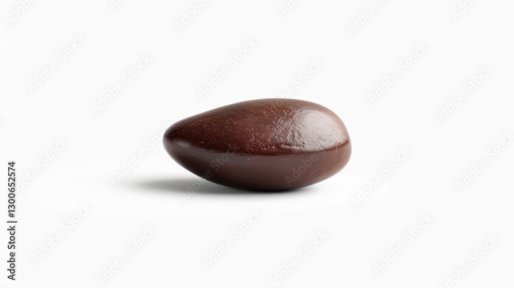 Glossy chocolate-coated almond on a minimalistic background, highlighting its smooth texture and shape