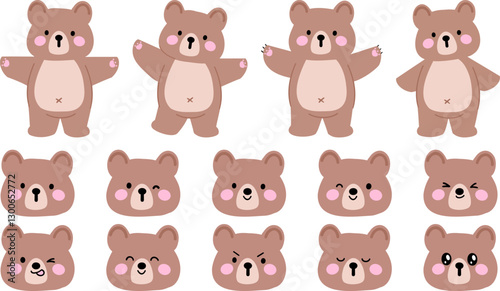 Cute Cartoon Bear Character with Various Facial Expressions