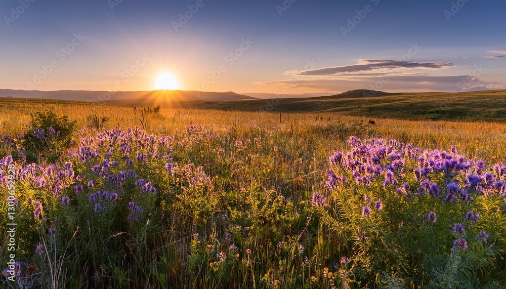 Fototapeta premium prairie wildflowers glow in the light of a setting sun