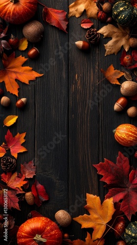 Autumn Harvest Wooden Background Fall Leaves Pumpkins Acorns Red Brown Image Photo Decor Frame      