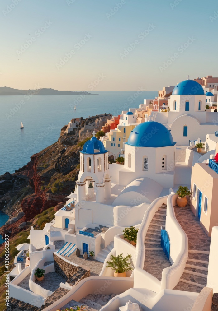Fototapeta premium Highly Detailed 3D Illustration of Santorini: White-Washed Buildings with Blue Domes on Cliffside, Overlooking Aegean Sea in Golden Sunlight