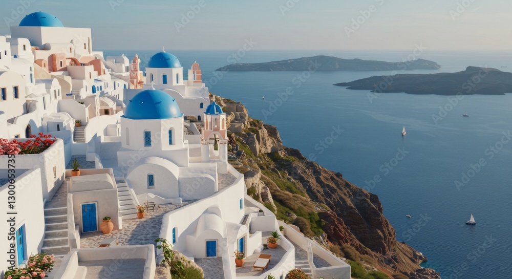 Fototapeta premium Highly Detailed 3D Illustration of Santorini: White-Washed Buildings with Blue Domes on Cliffside, Overlooking Aegean Sea in Golden Sunlight