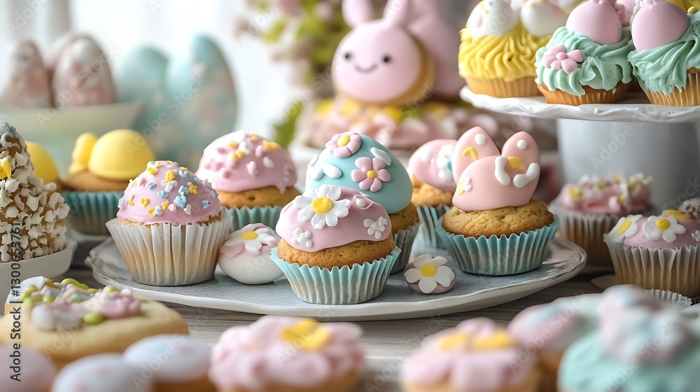A table filled with Easter-themed cookies and cupcakes, A table filled with Easter-themed cookies and cupcakes,