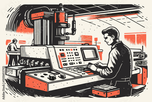 Retro Industrial Illustration of a Worker Operating a CNC Machine in a Factory Setting