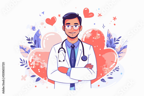 **Title:** Caring Doctor with Stethoscope: Heartfelt Cartoon Illustration of a Medical Professional