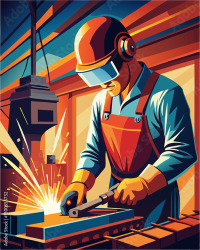 Skilled Welder in Action: Vibrant Illustration of Industrial Welding Process in Workshop