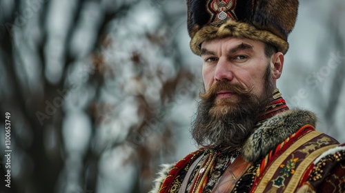 Portrait of a traditional dressed man with a fur hat and ornate clothing, set against a blurred winter landscape