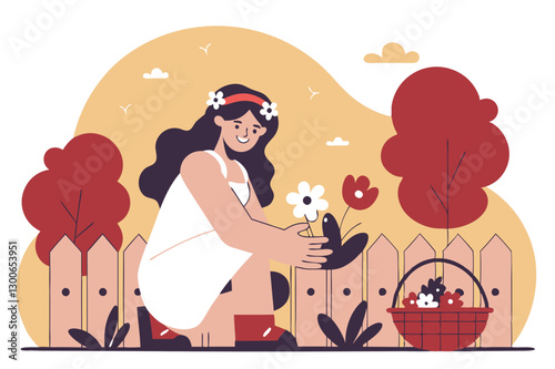 Woman Gardening with Flowers and Picnic Basket in Charming Outdoor Setting