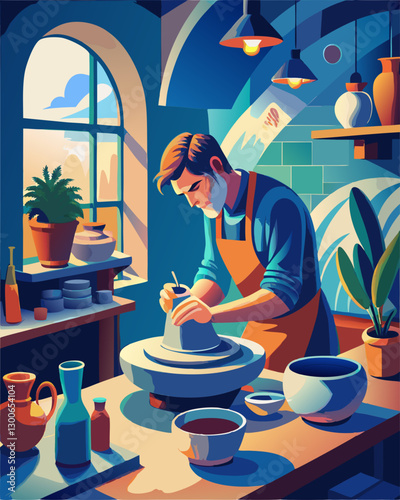 Focused Potter Crafting in a Sunlit Studio with Modern Decor and Plants