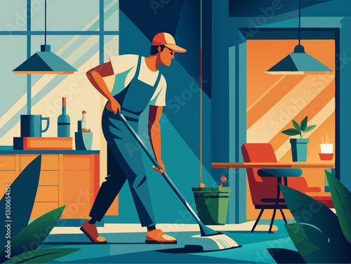 Modern Cleanliness: Man Sweeping Stylish Contemporary Interior with Natural Light and Plants