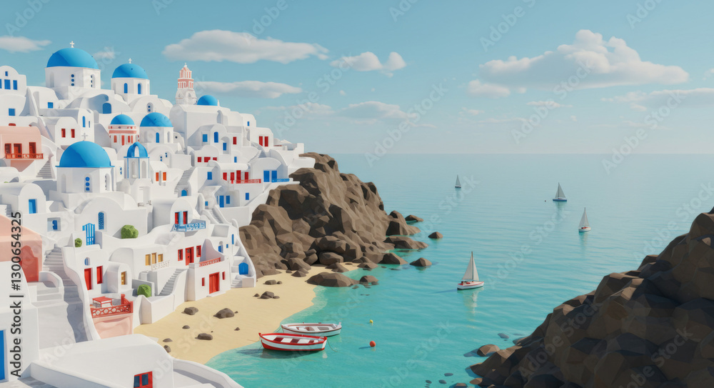 Naklejka premium Highly Detailed 3D Illustration of Santorini: White-Washed Buildings with Blue Domes on Cliffside, Overlooking Aegean Sea in Golden Sunlight