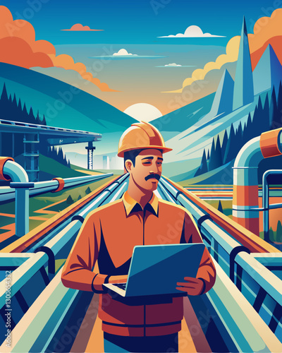 Engineer Monitoring Pipeline Infrastructure Against Scenic Mountain Backdrop at Sunrise