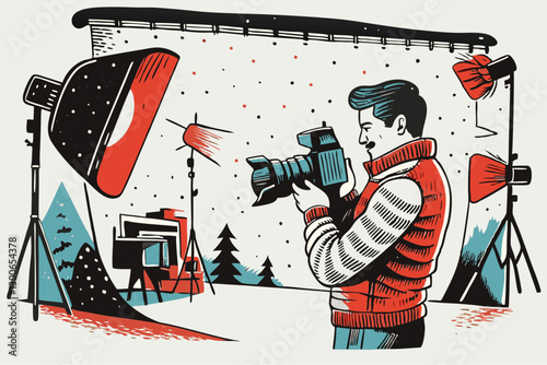 Winter Photography Studio Setup with Photographer Capturing Nature-Themed Background