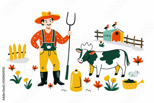 Colorful Farmer Illustration: Farming Life with Cow, Barn, and Nature Elements