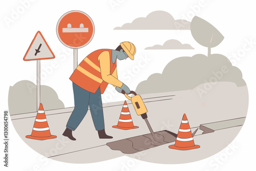 Road Construction Worker Operating Jackhammer Amid Safety Cones and Signs on Urban Street