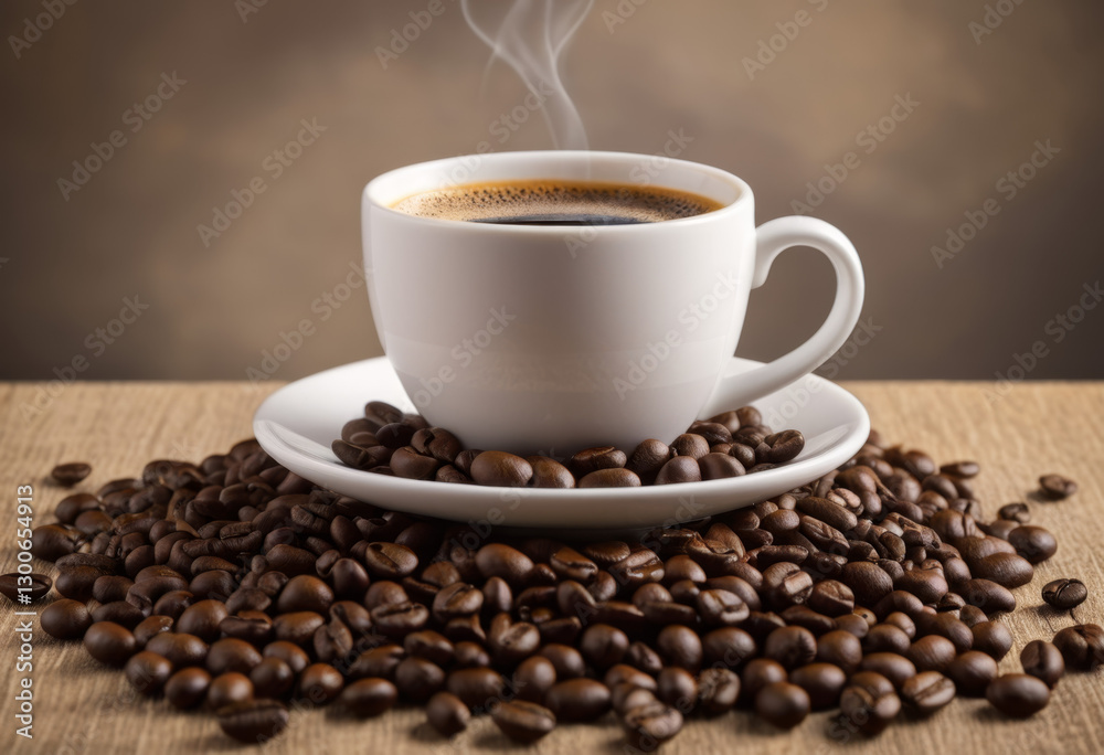 Fototapeta premium Close-up of coffee cup with coffee beans on Indonesian table