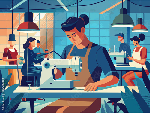 Modern Sewing Workshop: Skilled Artisans Crafting Garments in a Vibrant Textile Studio Setting