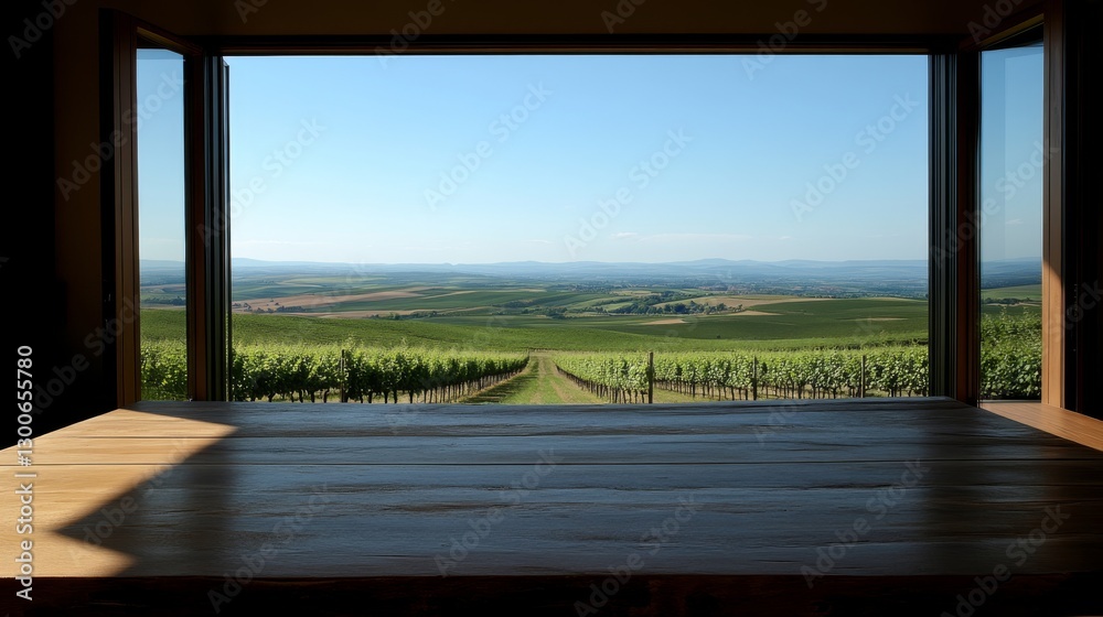 Fototapeta premium An open window frames a rustic table overlooking sprawling green hills and a vineyard, inviting tranquility and relaxation under bright blue skies