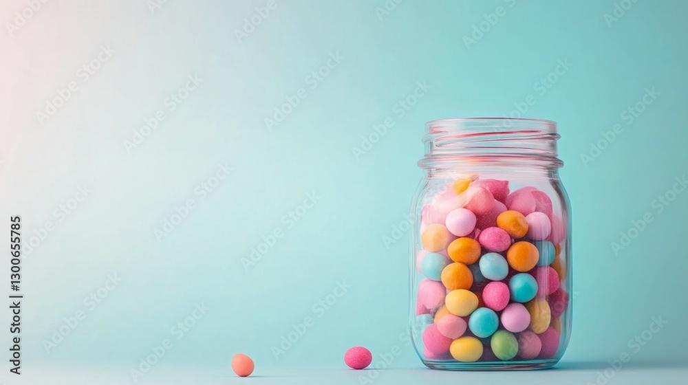 Pastel-colored candies in a glass jar against a light blue background. Pastel-colored candies in a glass jar against a light blue background.