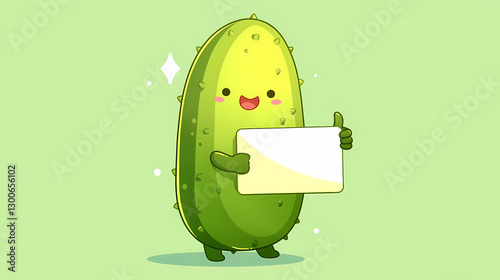Cute animated pickle character holding a blank sign, set against a cheerful green background