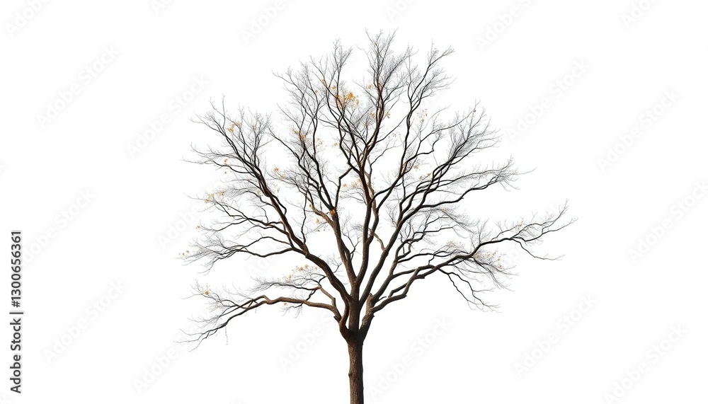 Obraz premium A lone deciduous tree stands against a pure white backdrop, branches reaching skyward, foliage, abstract