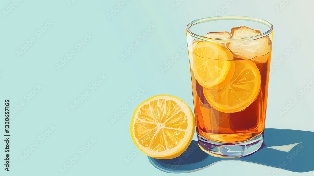 Refreshing iced tea with lemon slices on a light blue background.