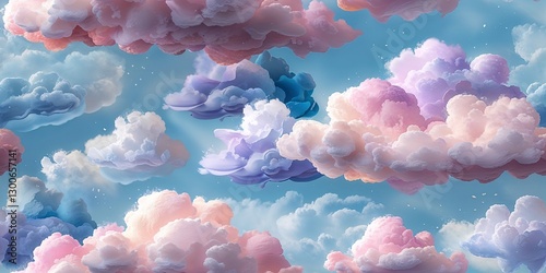 This seamless pattern features a collection of fluffy pastel clouds in shades of pink, blue, and purple, set against a soft blue background. Perfect for creative designs and textiles