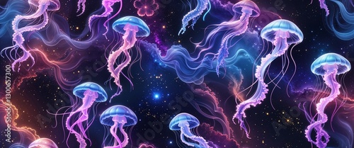 Vibrant jellyfish gracefully drift through a cosmic background filled with swirling colors, creating a mesmerizing seamless pattern that enhances any surface