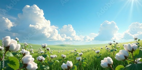 Fluffy clouds create a haven for cotton growth, peaceful, cloud