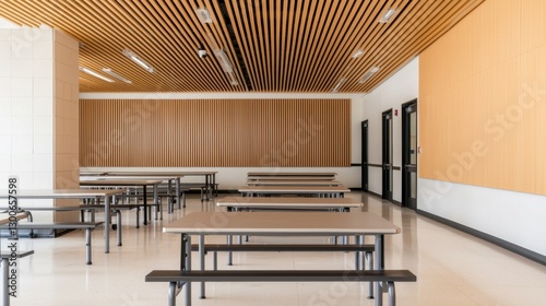 Wallpaper Mural Modern School Cafeteria Design Concept, Spacious School Cafeteria Featuring Sleek Metal Tables and Modern Design with Warm Wooden Accents Torontodigital.ca