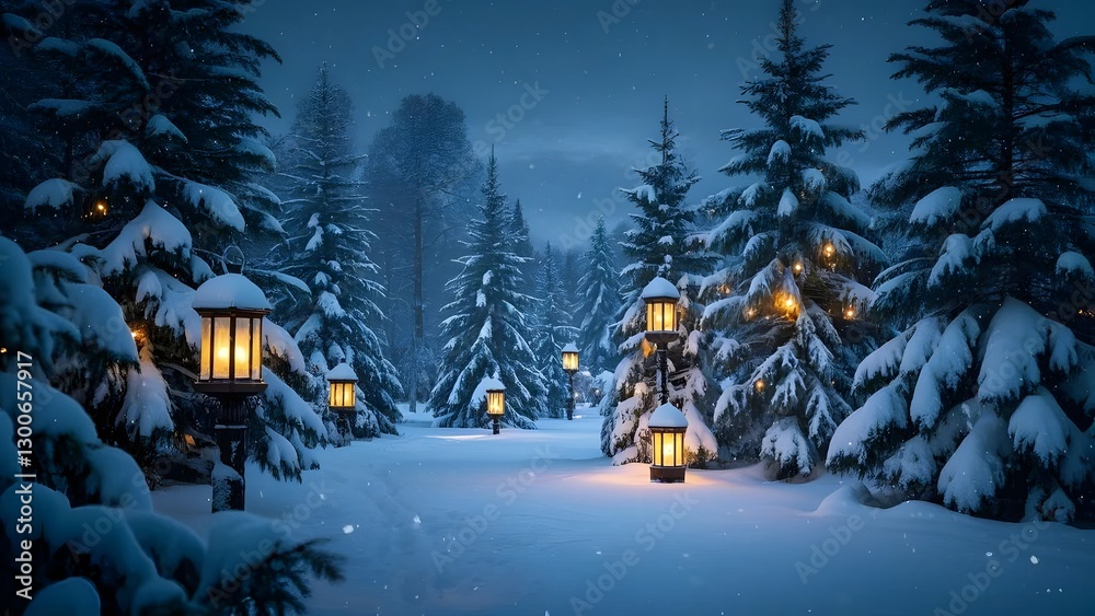 Fototapeta premium Design a cozy winter wonderland with snow-covered pine trees and warm glowing lanterns.