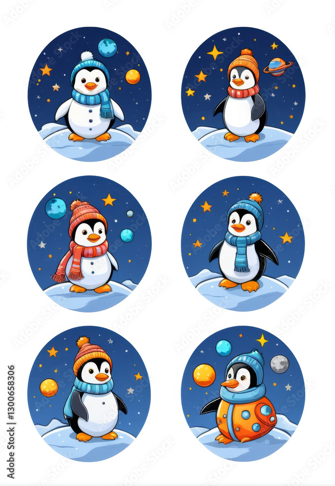 Fototapeta premium Original Outer Space Snowman Penguin Cartoon Elements Set