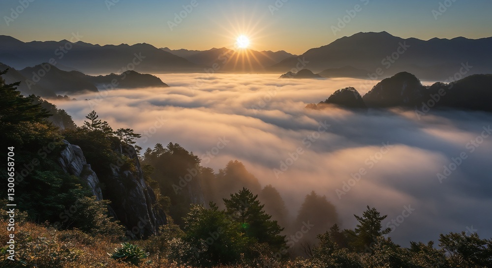 Obraz premium Sunrise Golden Mountain Above Sea of Clouds