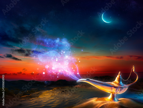 Wish Lamp - Magic Genie Smoke Coming Out Of The Bottle In Desert At Night