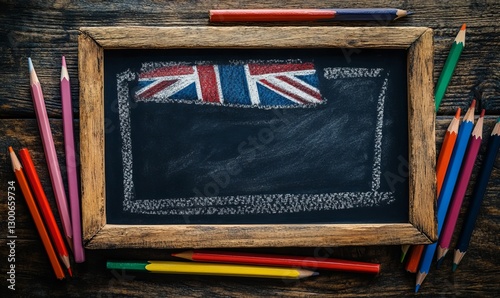Chalkboard Drawing British Flag Wooden Frame Colored Pencils School Art Jack Retro Image Union      