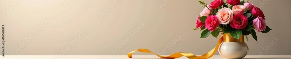 Fototapeta premium Luxurious gold ribbon curled around a festive vase, flowers, birthday