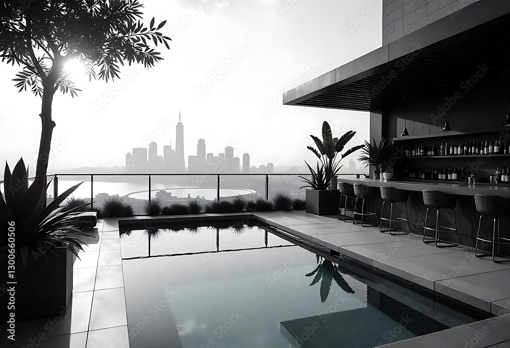 Obraz premium Urban Luxury: Rooftop Pool and Bar Overlooking the City