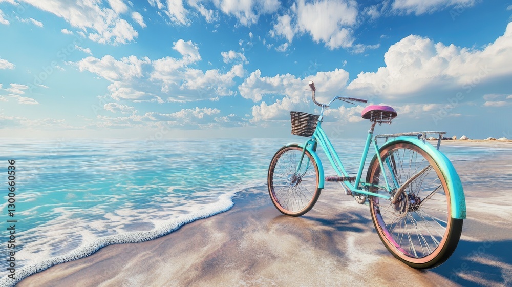 Fototapeta premium Serene coastal escape, A vintage bicycle amidst turquoise waters and blue skies