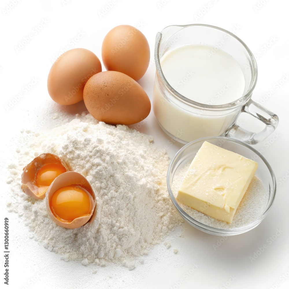 Close up of Baking Ingredients Laid Out on a Table Including Eggs Flour Milk and Butter for preparing a homemade meal pastry or dessert Close up of Baking Ingredients Laid Out on a Table Including Eggs Flour Milk and Butter for preparing a homemade meal pastry or dessert