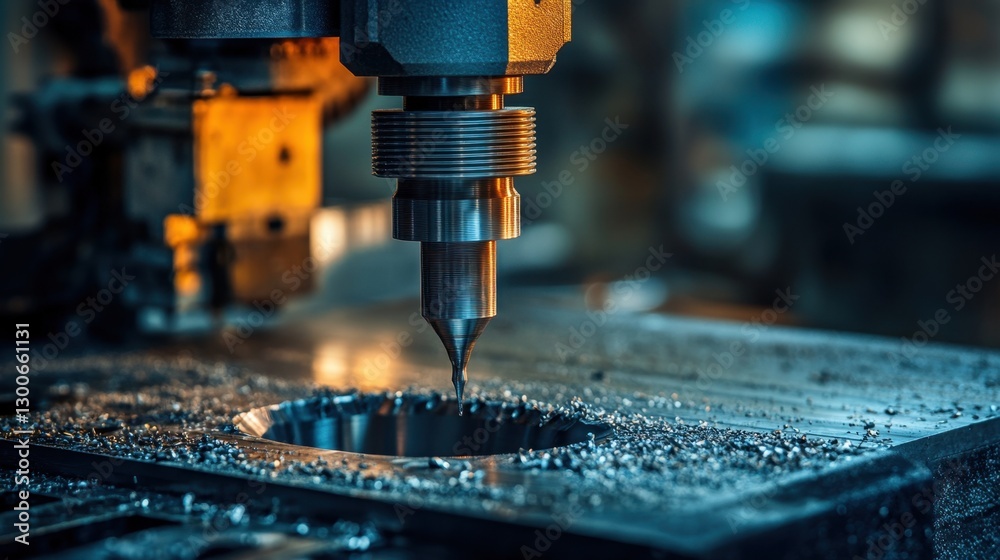 A close-up of a CNC machine carving out a metallic shape, dark industry background A close-up of a CNC machine carving out a metallic shape, dark industry background