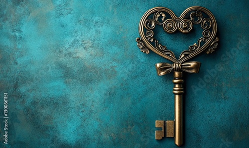 Antique Heart Shaped Key Vintage Bronze Teal Background Ornate old gold love lock metal image design