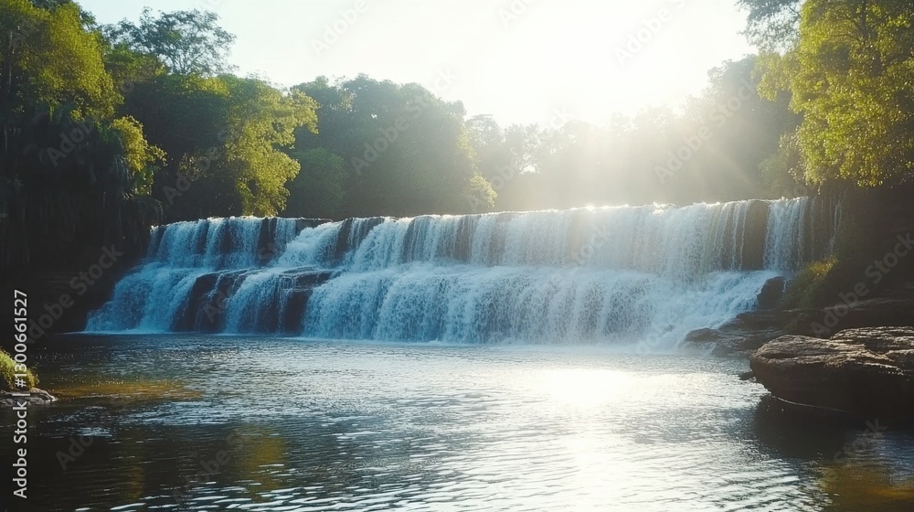Fototapeta premium Serene Waterfall with Lush Green Background and Bright Light