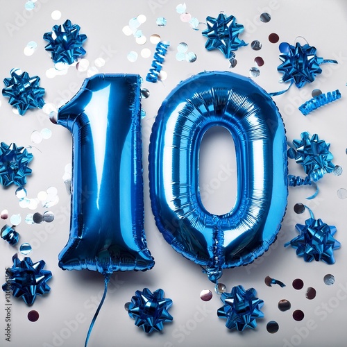 Blue balloon number 10 for tenth birthday or anniversary party. White background with confetti photo