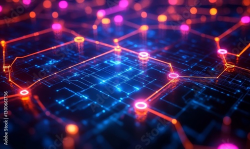 Abstract Digital Network Glowing Lines Technology Background Futuristic Orange Pink Blue Data Neon  