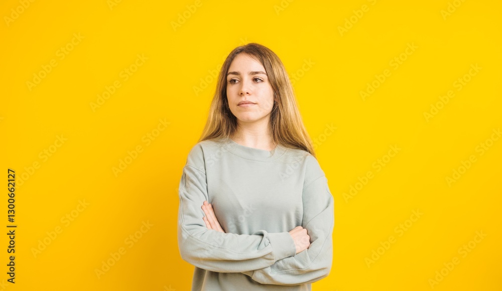 Young woman crossing arms looking away on vibrant yellow background Young woman crossing arms looking away on vibrant yellow background