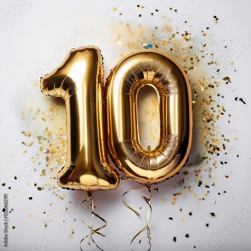 Gold balloon number 10 for tenth birthday or anniversary party. White background with confetti photo